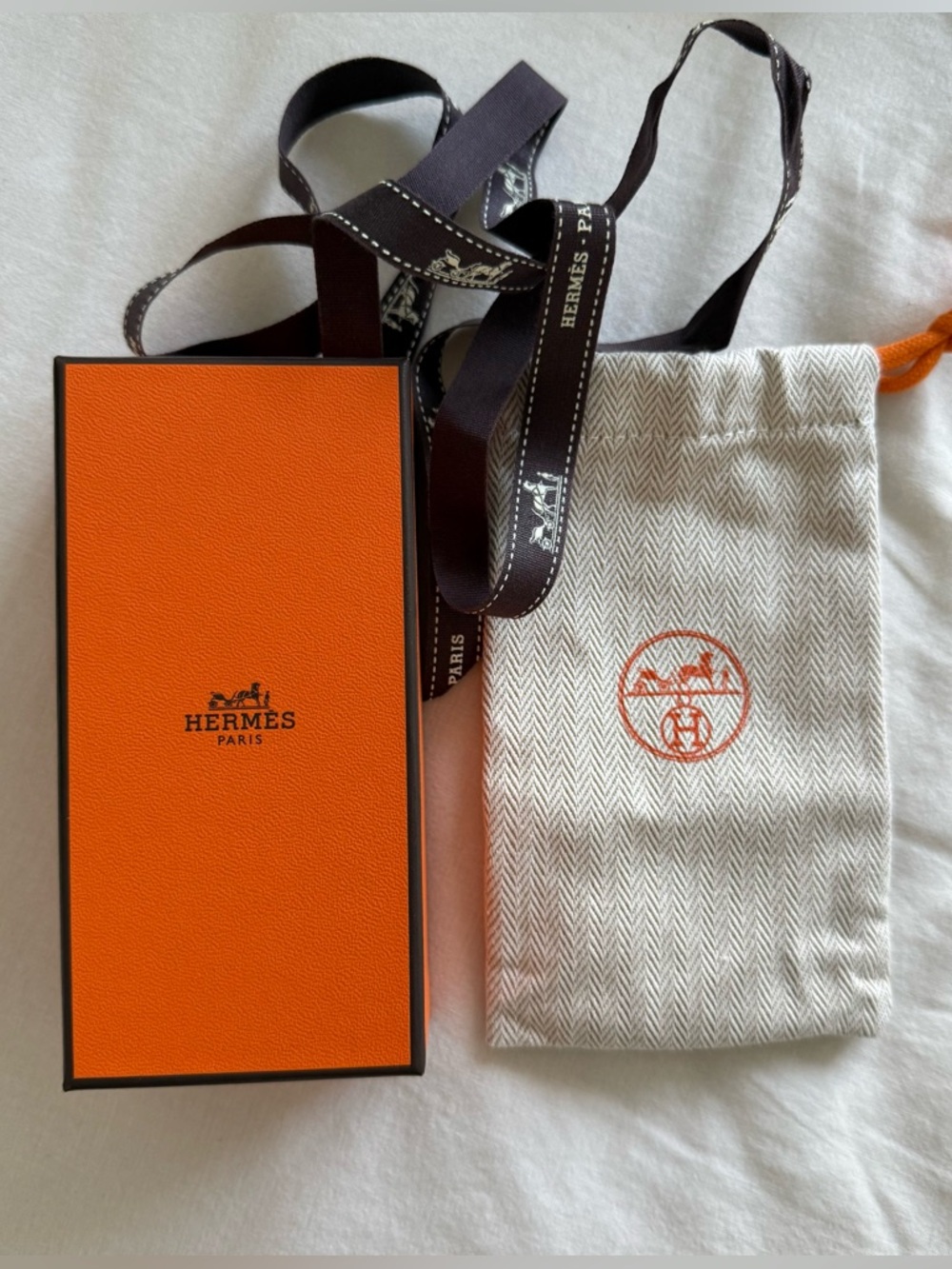 Hermes Orange Mini Box with Natural Canvas Pouch and Branded Ribbon
